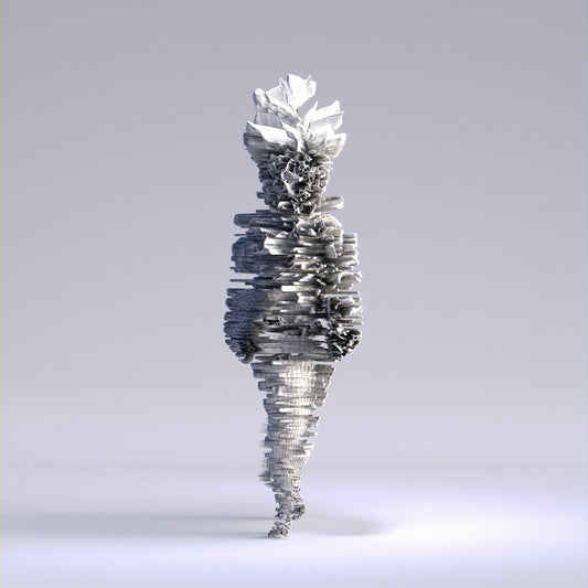 a tall silver object with a white background