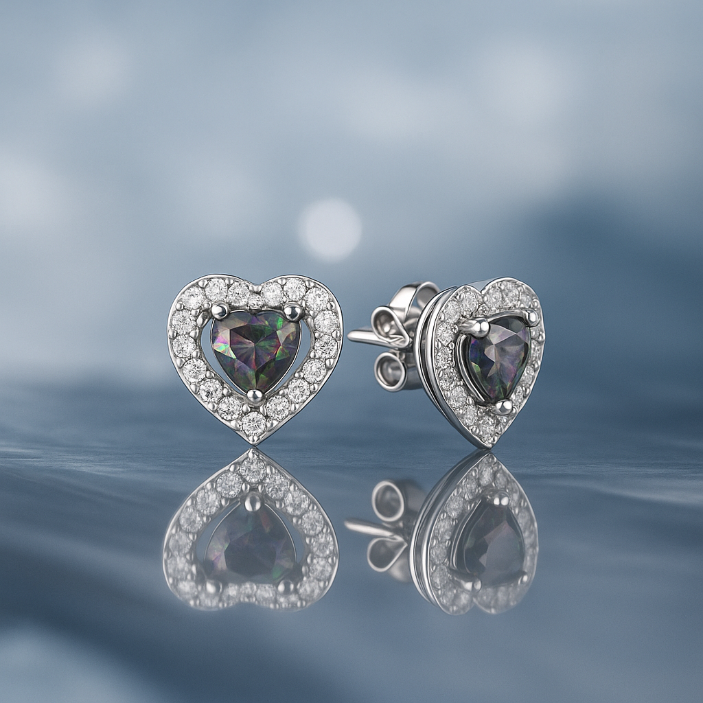 Сребърни обеци „Сърце“ с мистичен топаз