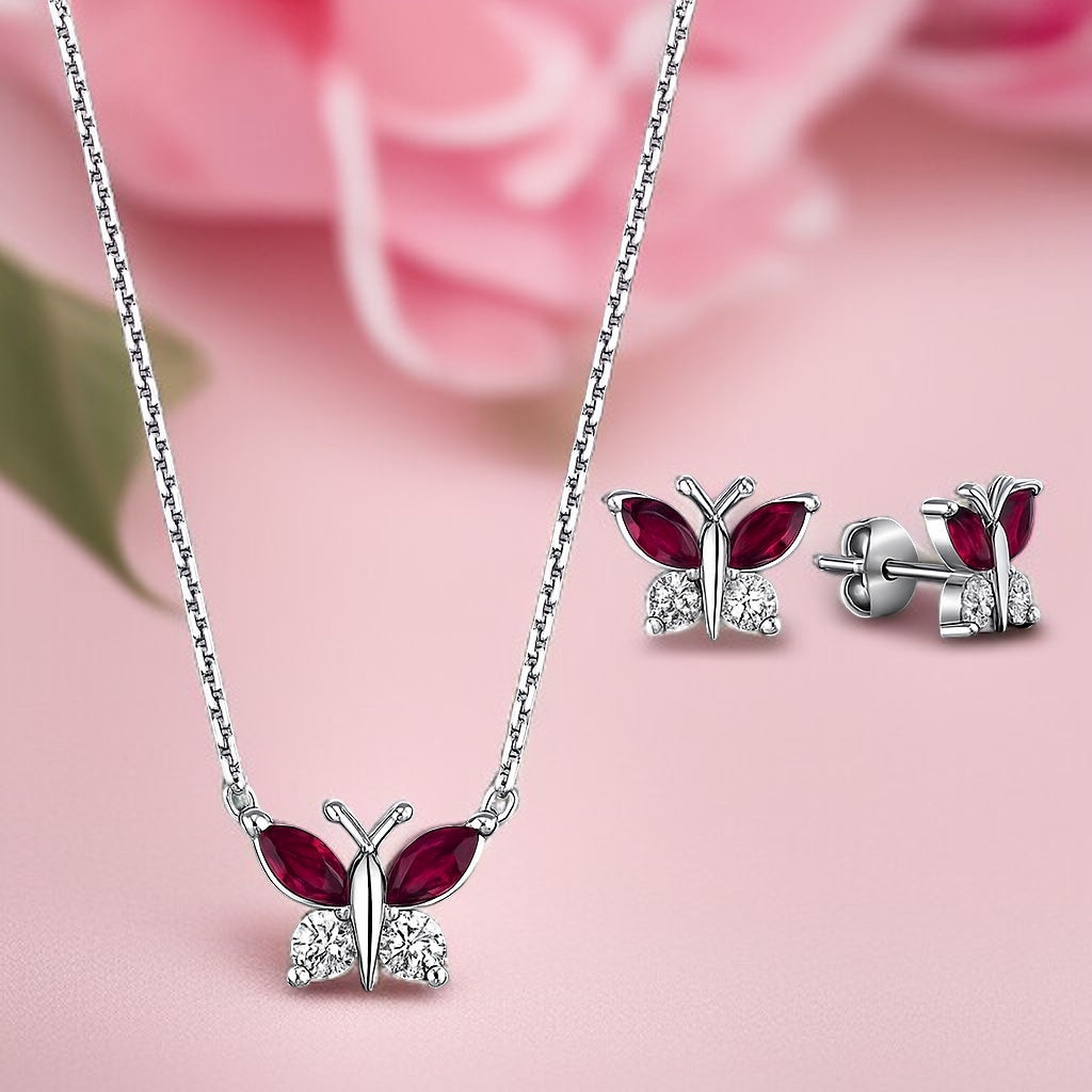 Сребърен комплект „Пеперуда“ в розово