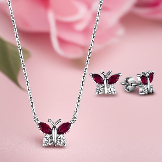 Сребърен комплект „Пеперуда“ в розово