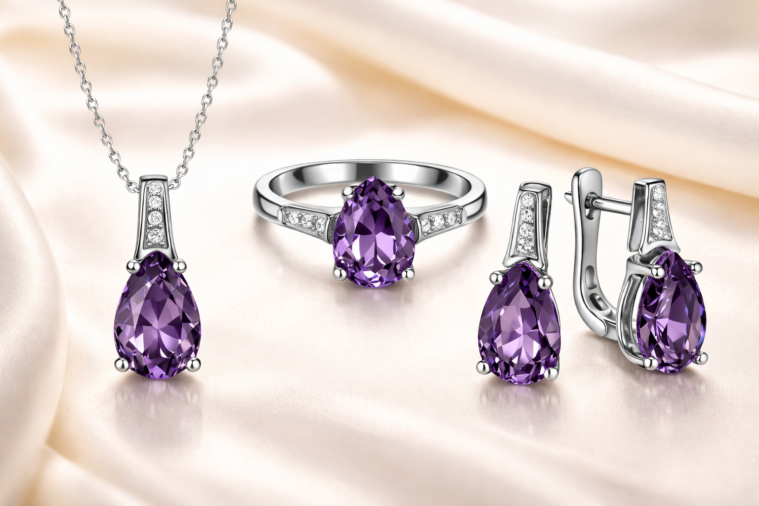 Сребърен комплект с естествен аметист| BS SILVER JEWELLERY